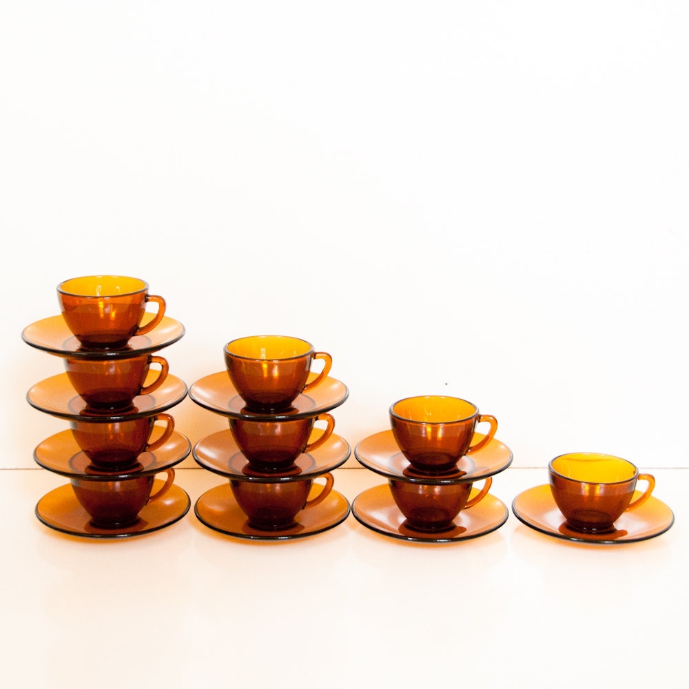 Set of 10 Adorable Midcentury Amber Glass Tea Cups and Saucers