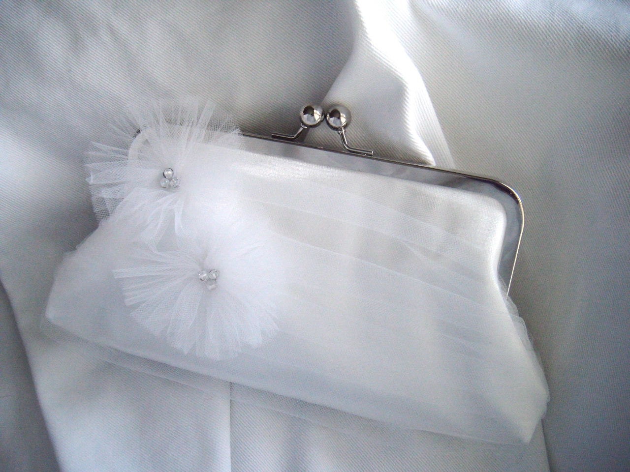 White Tulle and Satin Clutch -- Fairytale Bridal Clutch -- Midnight Crush Elite Size Brides Clutch