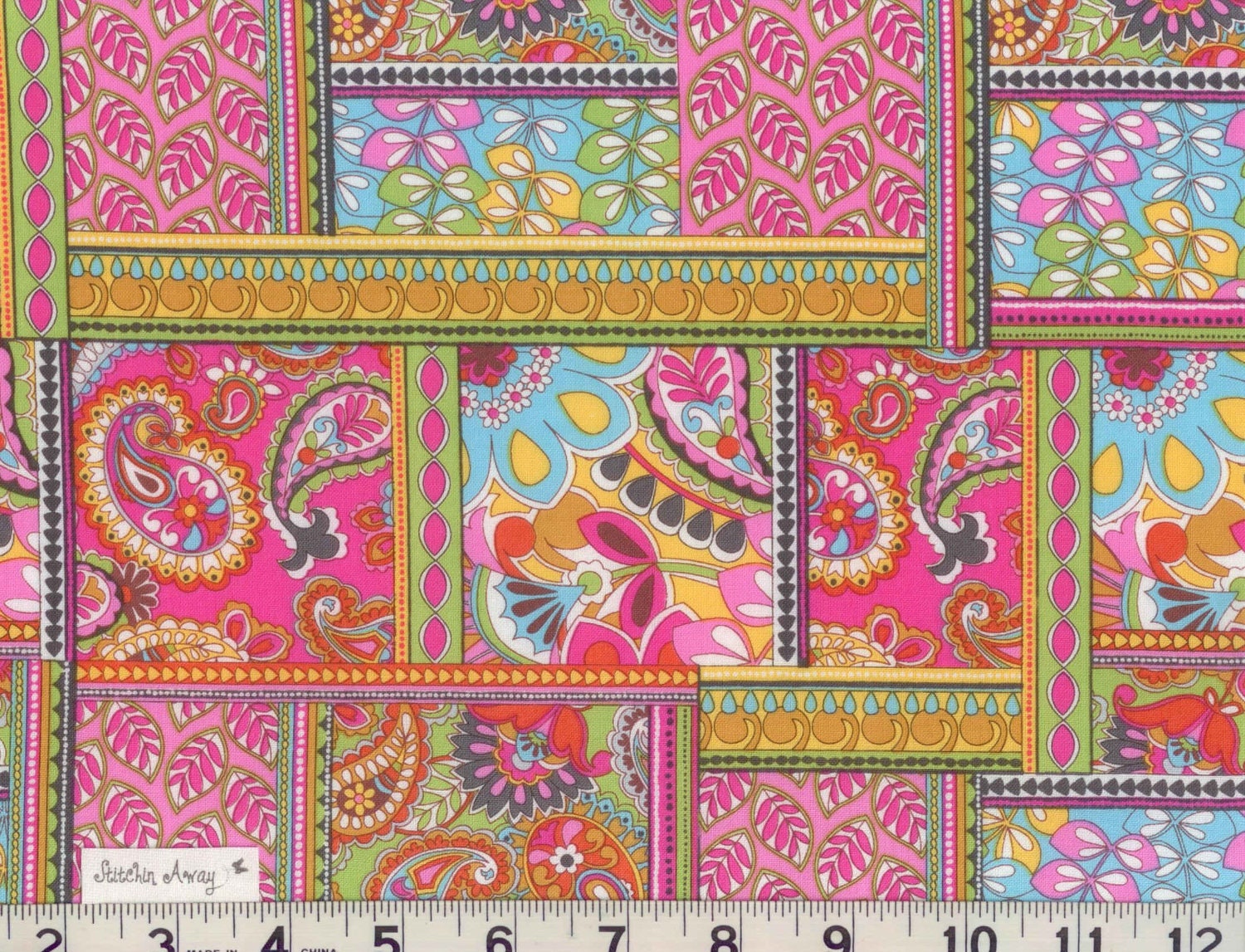 PRAISLEY PATCHWORK Fabric New 100% Cotton Floral & Paisley-- Pink, Lime Green, Yellow, Orange, Gray, Cream
