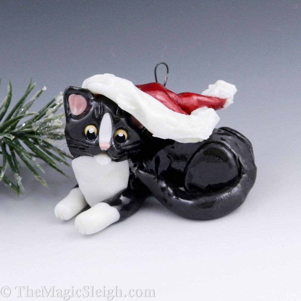 Black and White Cat Ornament with Santa hat Porcelain