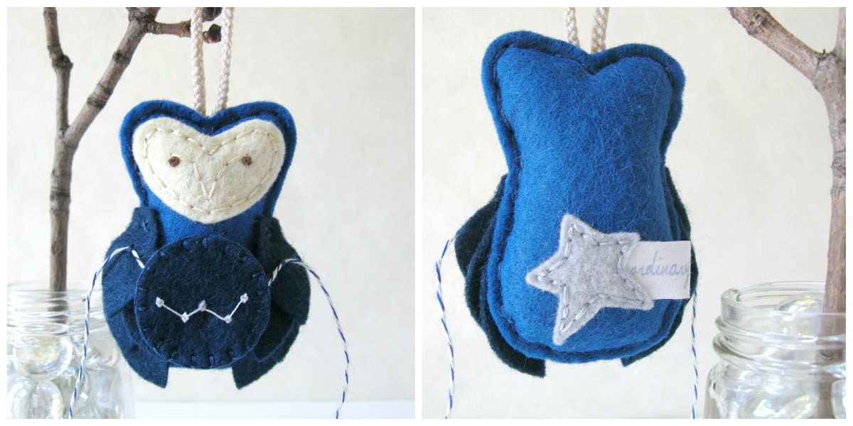 CASSIOPEIA Star Gazing Owl Ornament // Embroidered Felt Owl // in Midnight Blue by OrdinaryMommy on Etsy