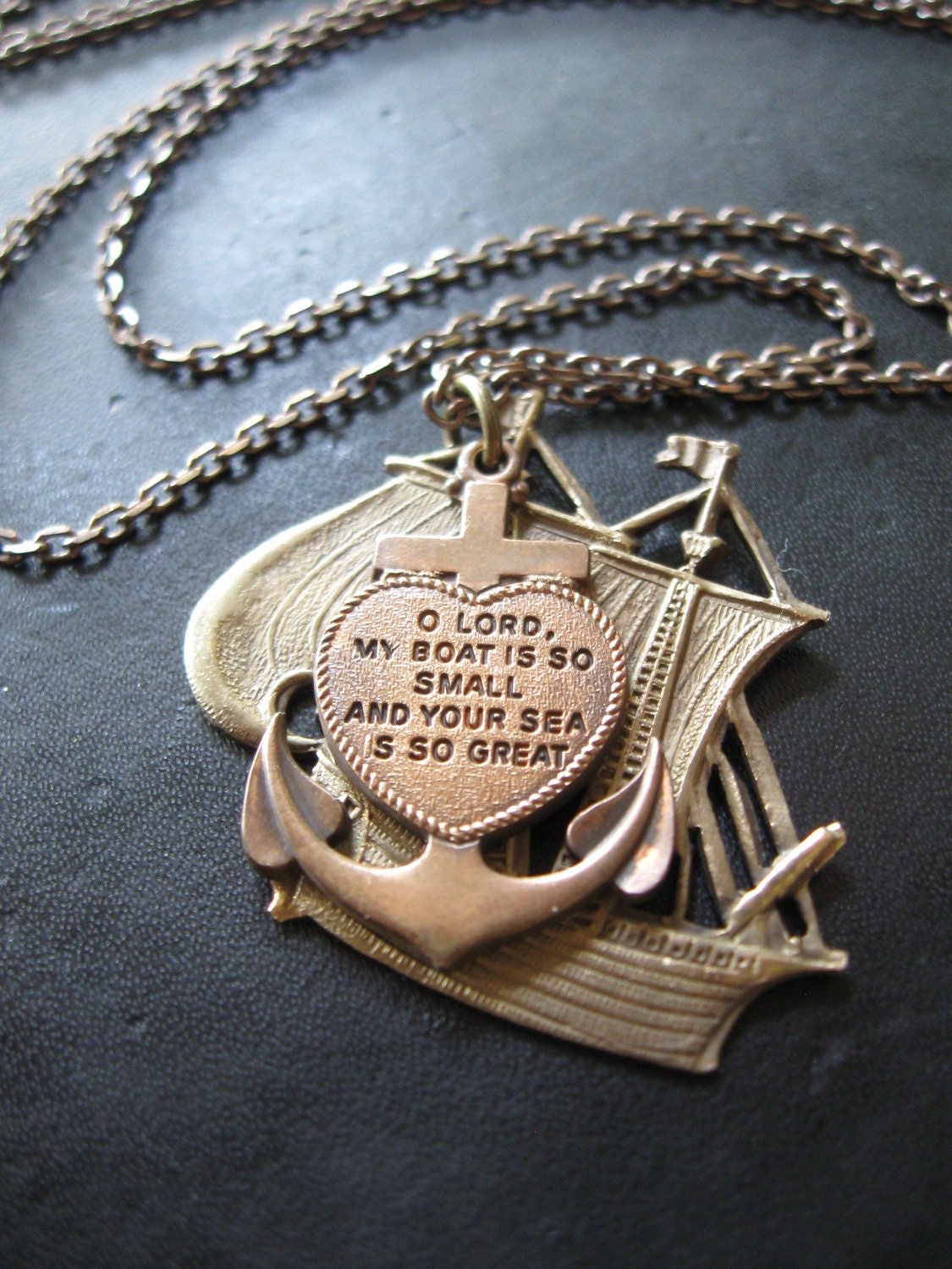 Avast - Sailing Ship and Anchor Charm Necklace Made with Vintage Materials - Nautical Summer Fashion