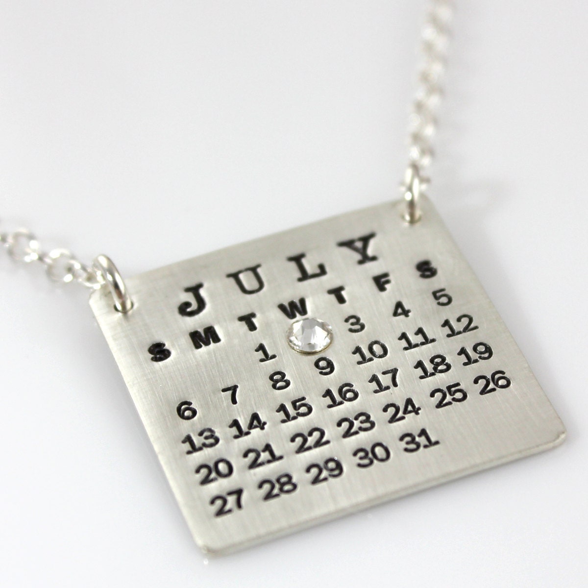 Mark Your Calendar Necklace hand stamped and personalized sterling silver necklace TOP HANG with flat back crystal