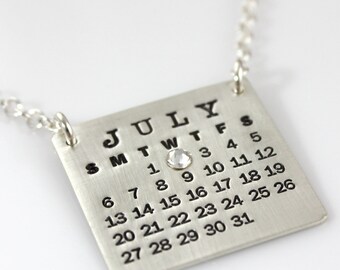 Mark Your Calendar Necklace hand stamped and personalized sterling silver necklace TOP HANG with flat back crystal