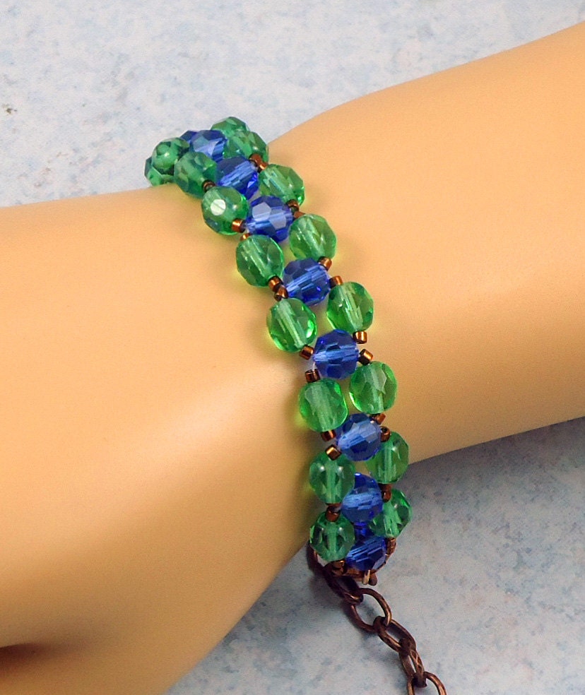 Blue Green Crystal Right Angle Weave Copper Bracelet - TinksTreasure