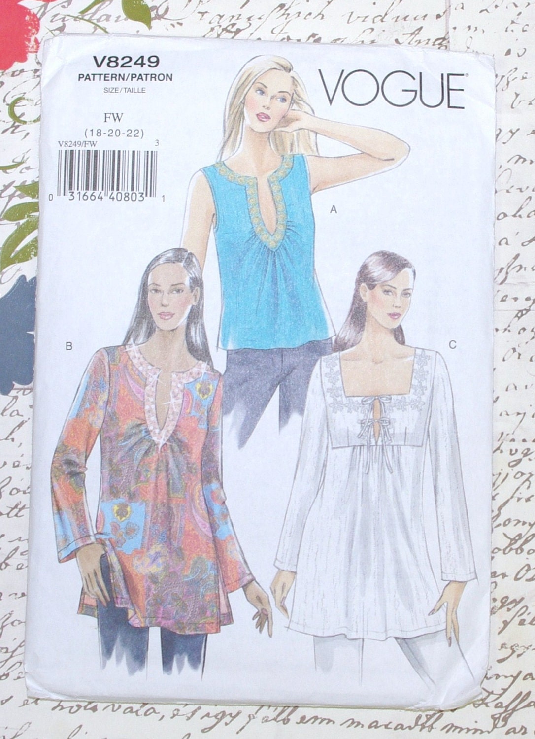 Vogue Pattern V8249 Tops Blouse Sewing Pattern Misses Size 18 - 20 - 22 Plus Size UNCUT