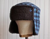 Winter hat for men and women in blue wool plaid: mens upcycled hat, womens upcycled hat - large