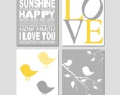 Nursery Quad - Set of Four 11x14 Prints - You Are My Sunshine, LOVE, Baby Birds on a Branch, Baby Chicks