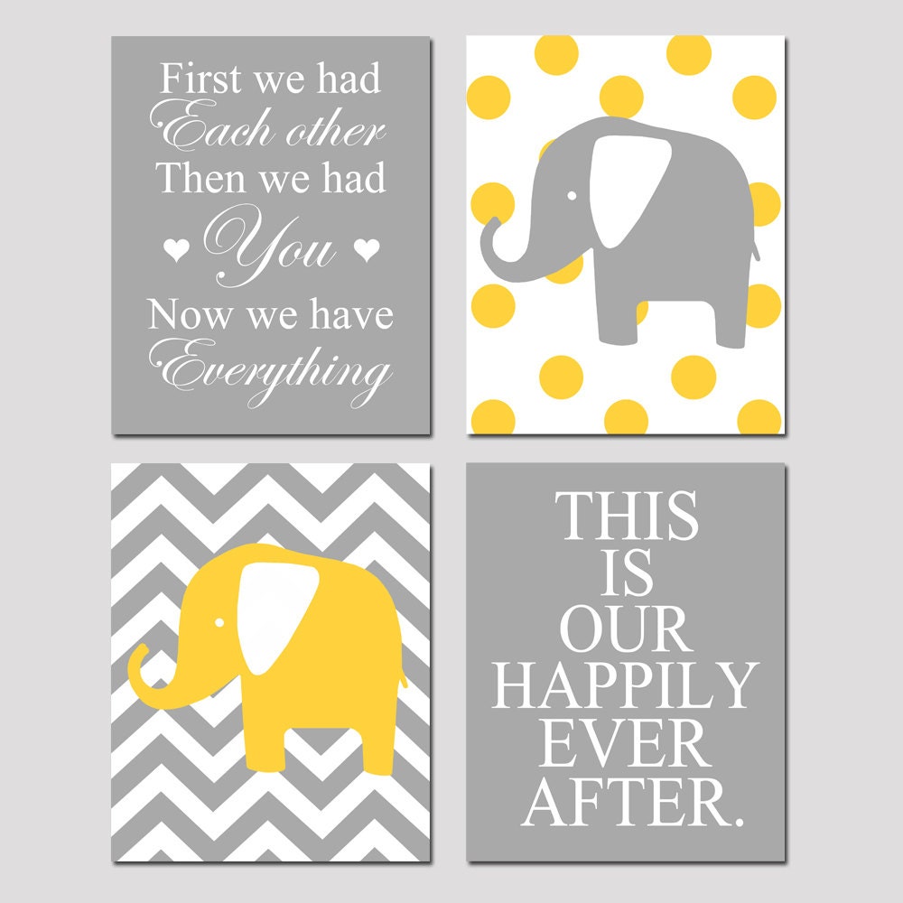 Modern Nursery Quad - Set of Four 8x10 Prints - Now We Have Everything, Chevron Elephant, Our Happily Ever After, Polka Dot Elephant