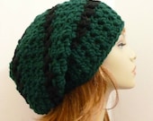 Chunky Wool Blend Slouch Beanie in Green and Black - Hand Crocheted