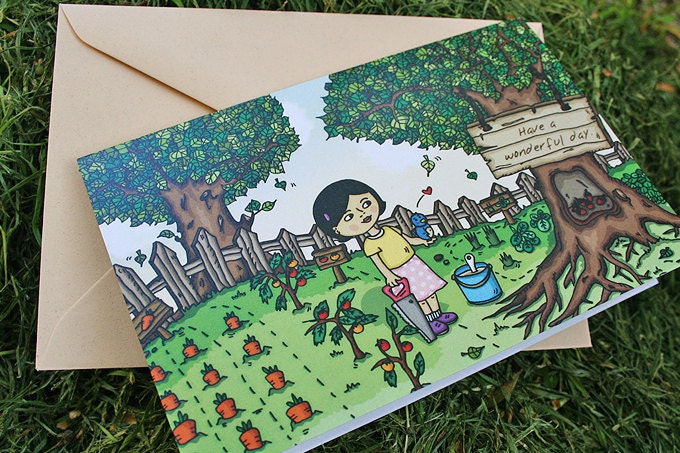 Have A Wonderful Day Greeting Card - 1 card and envelope, girl in vegetable garden