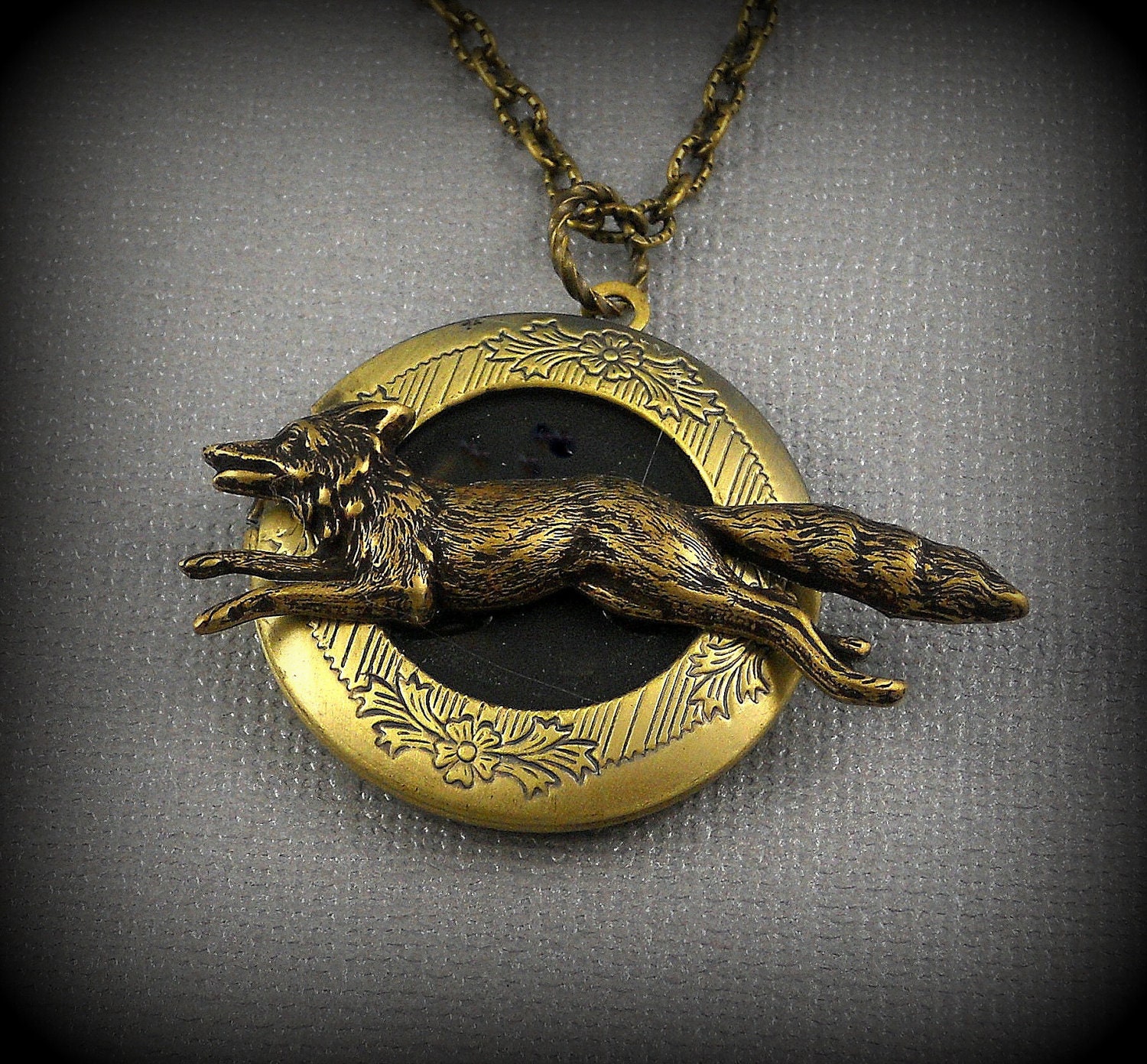 Vintage Brass Locket, Running Fox Locket, Steampunk Antique bronze Large Locket- Canis
