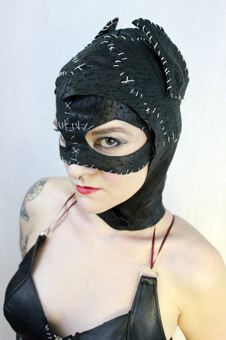 Black Leather Catwoman Mask Hand Stitched Recycled Hood Hat