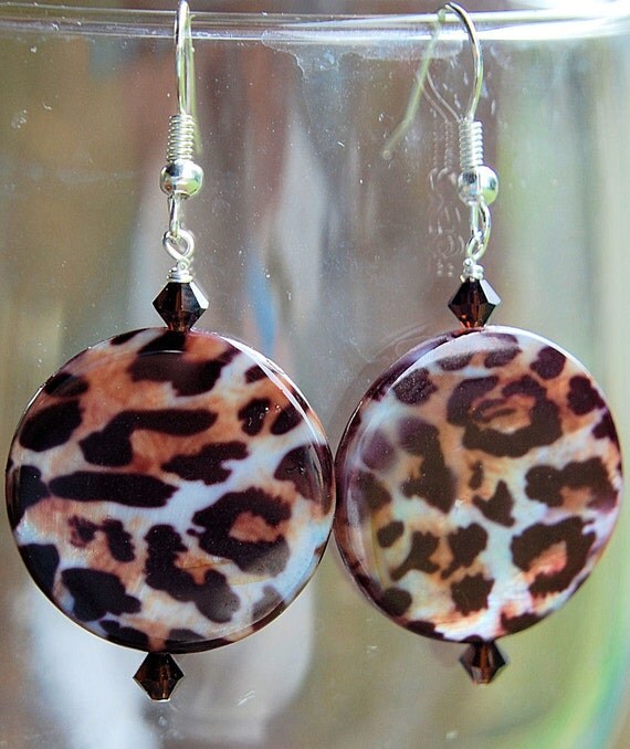 Leopard print mother of pearl brown white swarovski crystal silver earrings