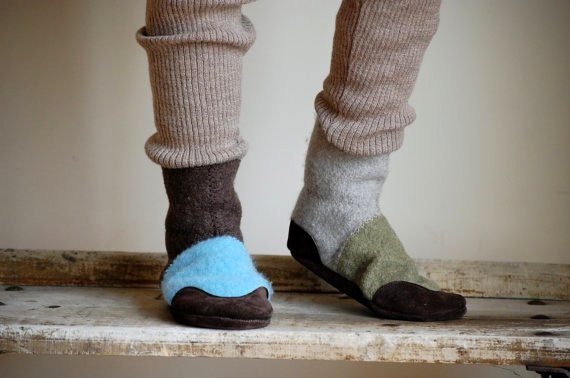 Wool Slipper Socks, Eco Friendly & Handmade, kids size 13, Through the Leaves