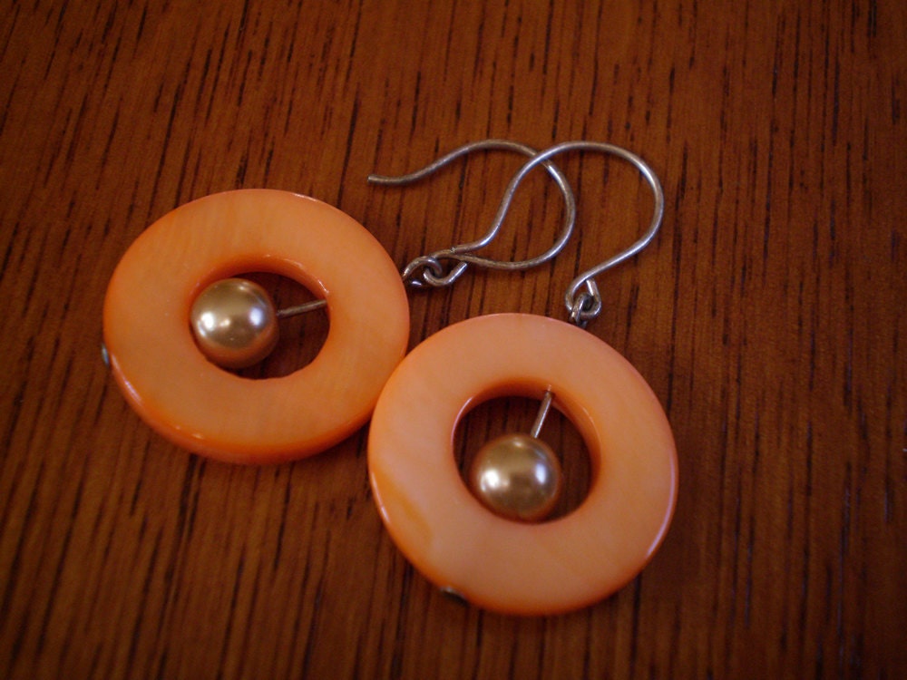 Mimosa Mother of Pearl Circle Earrings - Orange with Antique Silver Finish Handmade Earwires