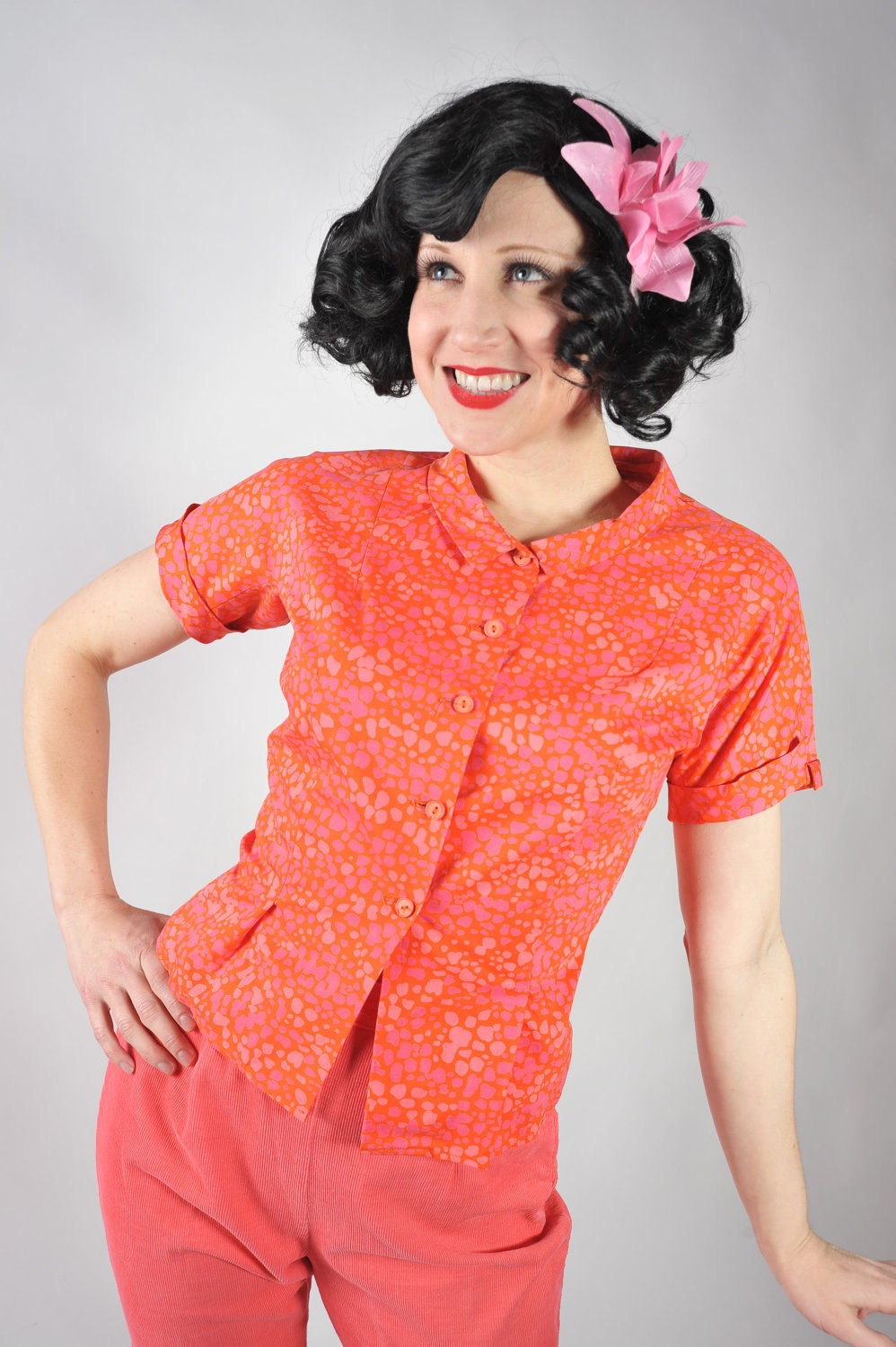 Vintage 1950s Blouse // Bright Orange and Pink Crisp Cotton Blouse