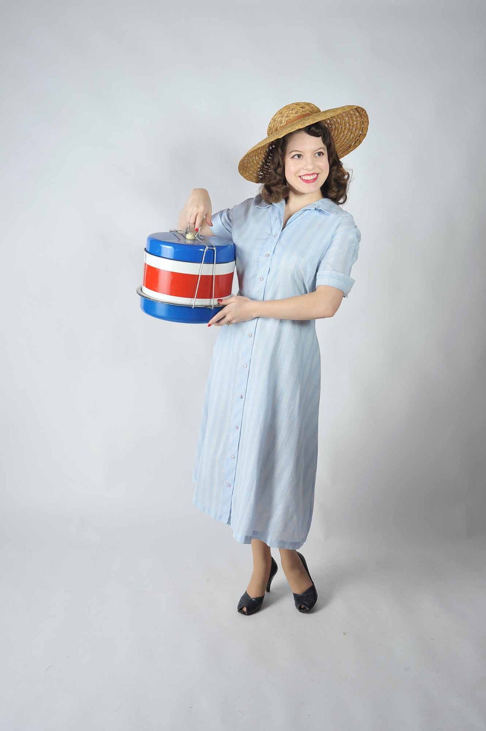 Vintage 1950s Dress - Darling Blue and White Striped New Old Stock Cotton Day Dress Extra Large