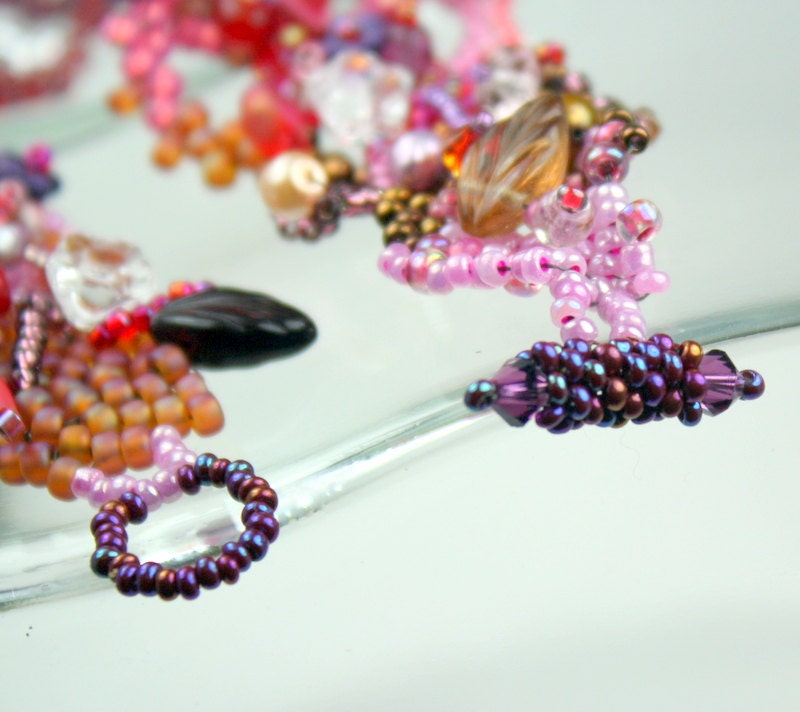 Beadwoven bracelet, Freeform pink and purple beadwoven OOAK bracelet, crystals, pearls, pressed glass