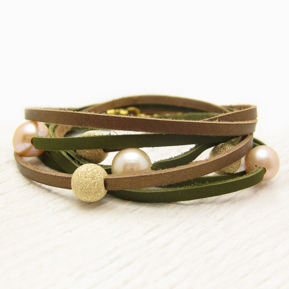 Peach Pearl and Gold with Bronze and Olive Leather Wrap Bracelet / Fresh Water Pearl & Eco Friendly Leather / gladiator tribal bohemian sag