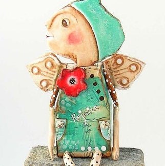 Angel Art Doll- Folk Art - Mixed Media - Hand Painted Paper Clay - by WeeMeeWhimsies