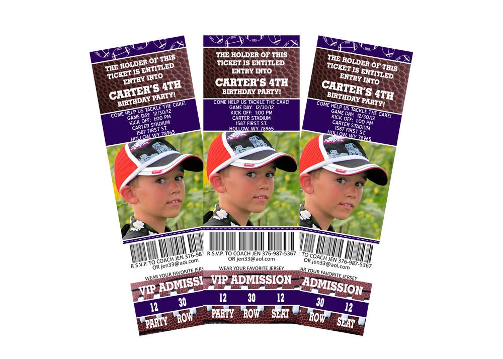 Purple football photo ticket invite.