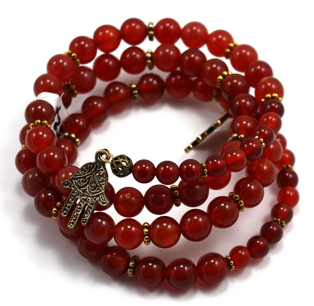 Carnelian Wire Wrap Bracelet with Gold Plated Hamsas