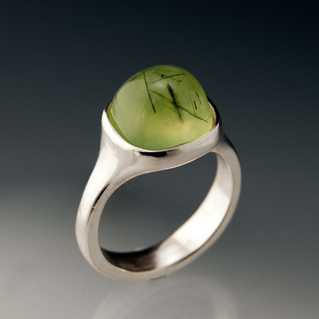 Prehnite Lollipop Ring - Sterling Silver Ring - Prehnite Gemstone with Rutile Black Tourmaline Inclusions