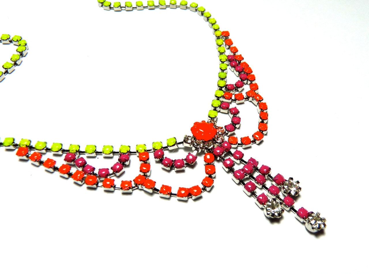 Neon Hand Painted Rhinestone Necklace - Yellow, Pink, Orange, Color, Summer, Tom Binns