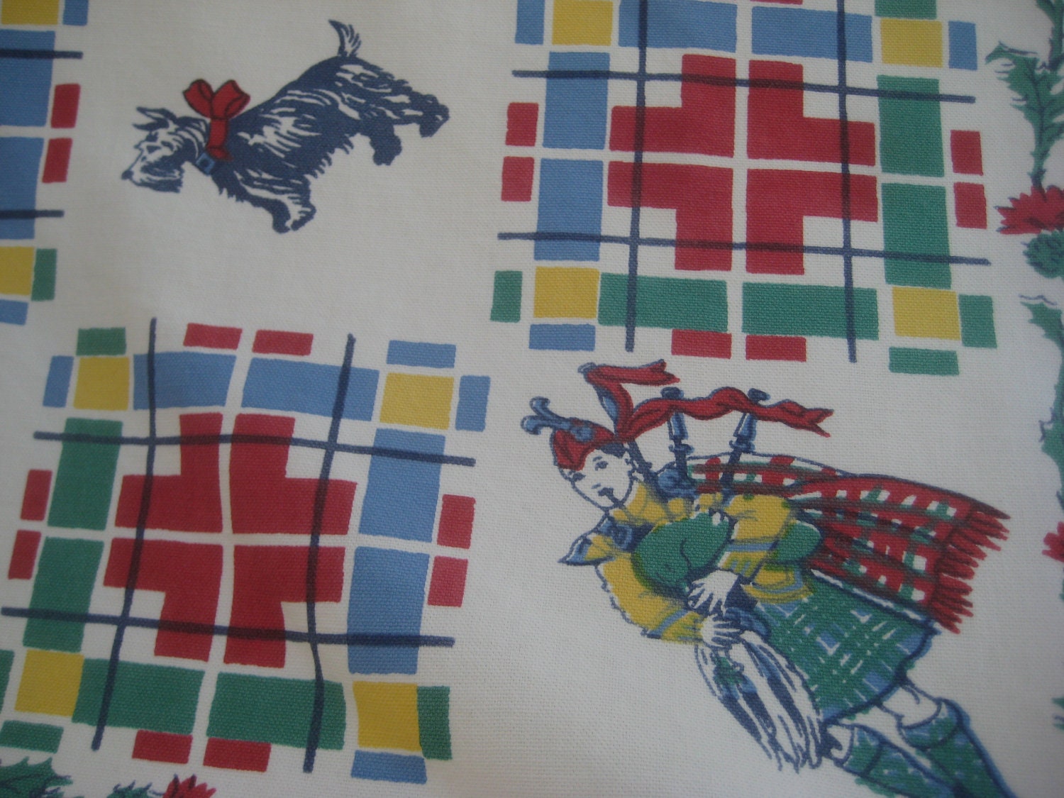 Vintage Tablecloth, Scottish Theme Table Cloth, Bagpipers, Dancers, Scotties, Plaid, Cotton Fabric Table Covering