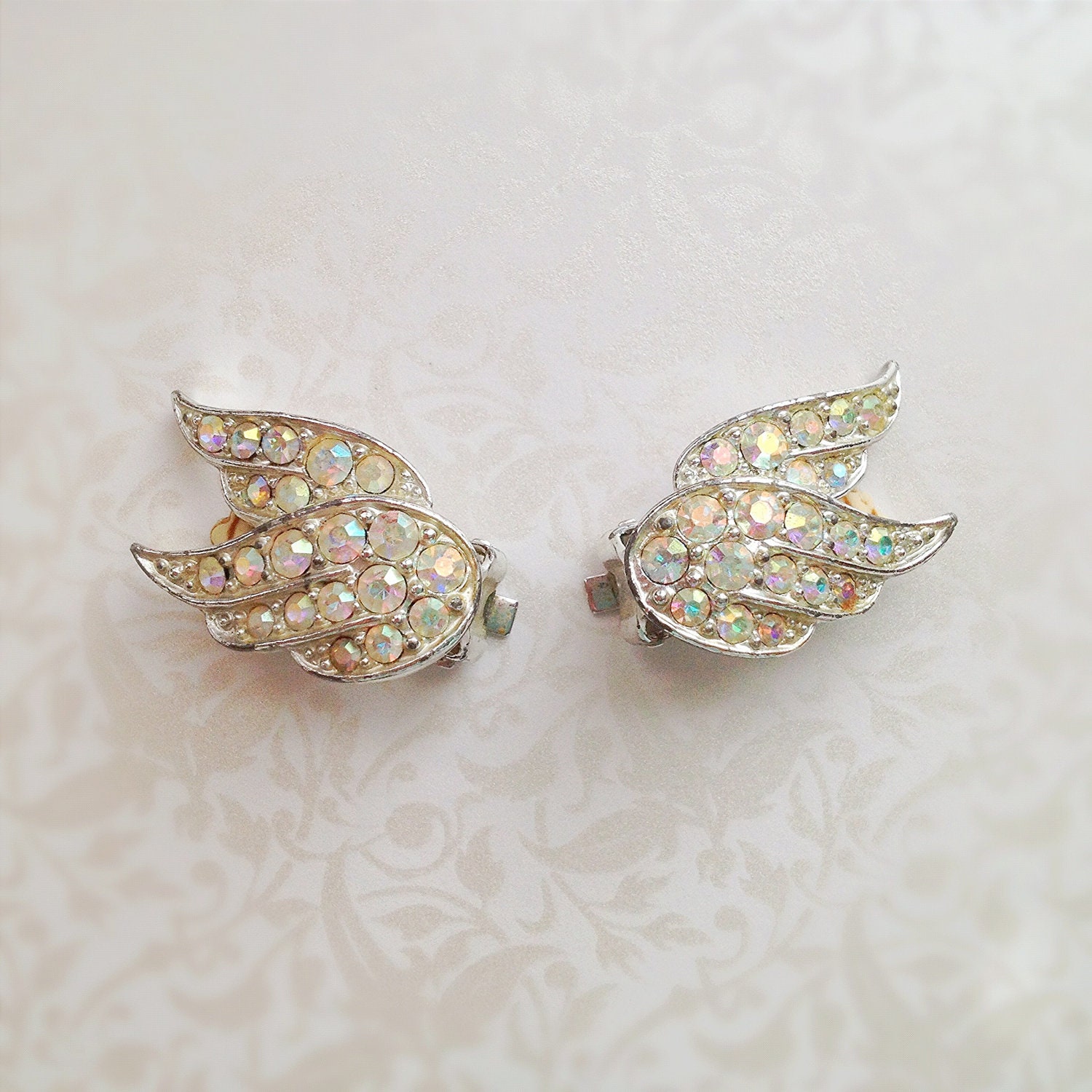 Vintage Silver Tone Wing Earrings. Clip-On. Rhinestones. Sparkle. Bird. Angel Wings. Fun. Whimsical. 1980s.