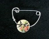 Brooch Shawl pin flowers and swallows silver