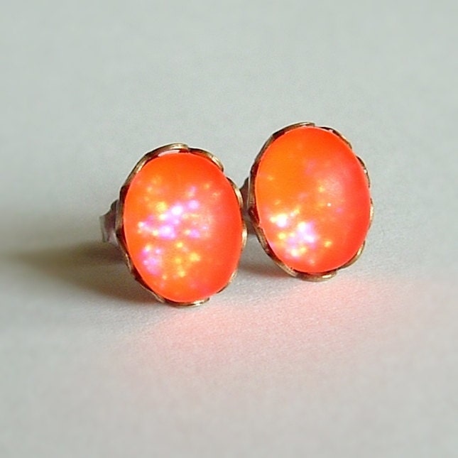 Neon Orange Glitter Galaxy Post Earrings Vintage Frosted Cabochon Studs Hypoallergenic