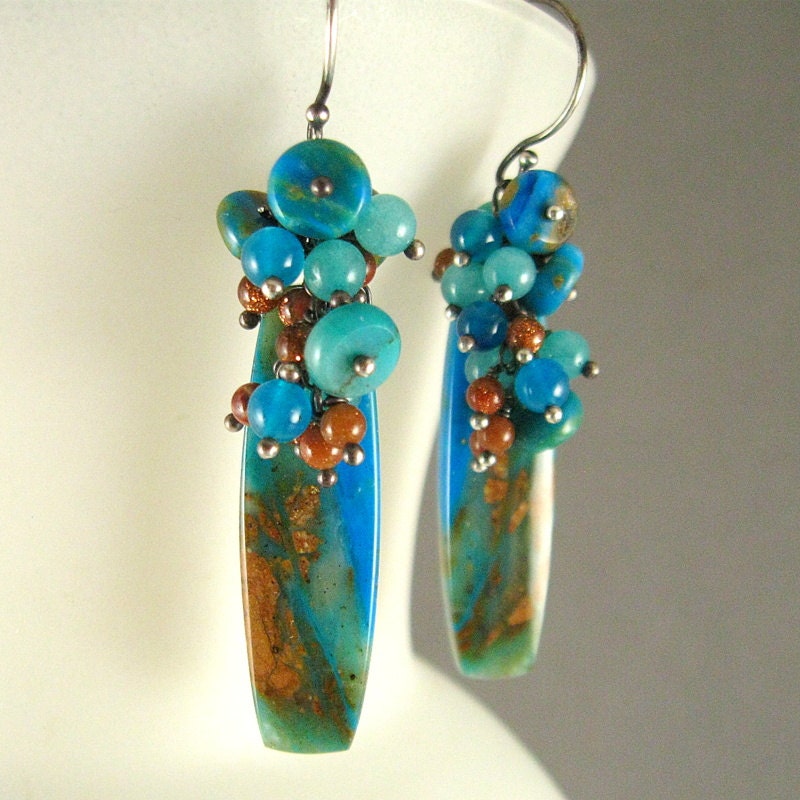 Peruvian Blue Opal, Jade and Jasper Wire Wrapped Earrings