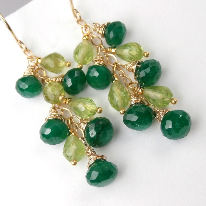 Peridot and Emerald Earrings Gold Cascade Dangle Earrings Wire Wrapped 14kt Gold Fill Gemstone August May Birthstone