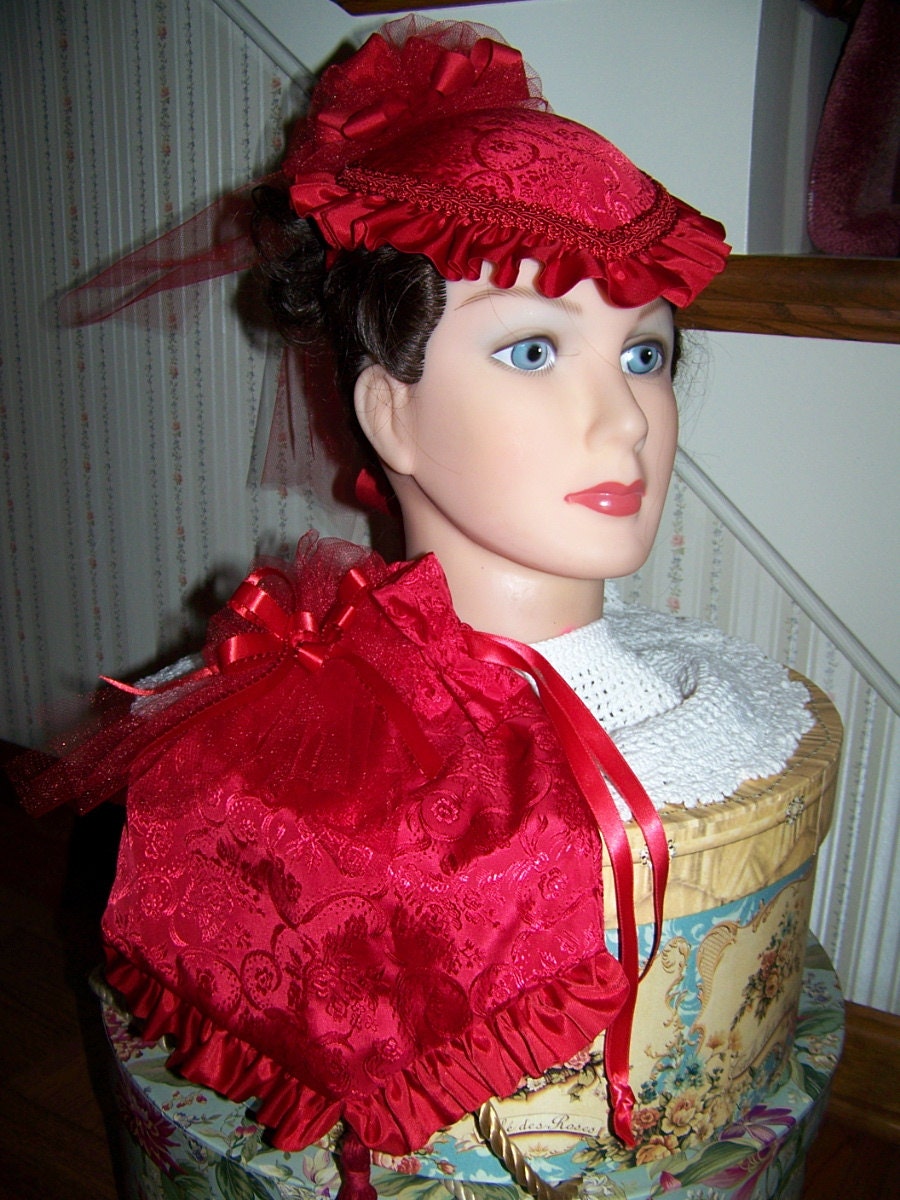 Civil War Hat and Reticule,Victorian Ladies Red Brocade teardrop satin with red Satin ruffle costume