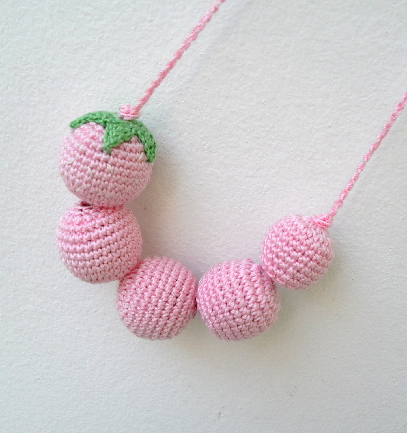 Pink Crochet Necklace - Amigurumi Strawberry Baby or Childrens Necklace  - Cotton Crochet Jewelry - Eco Friendly