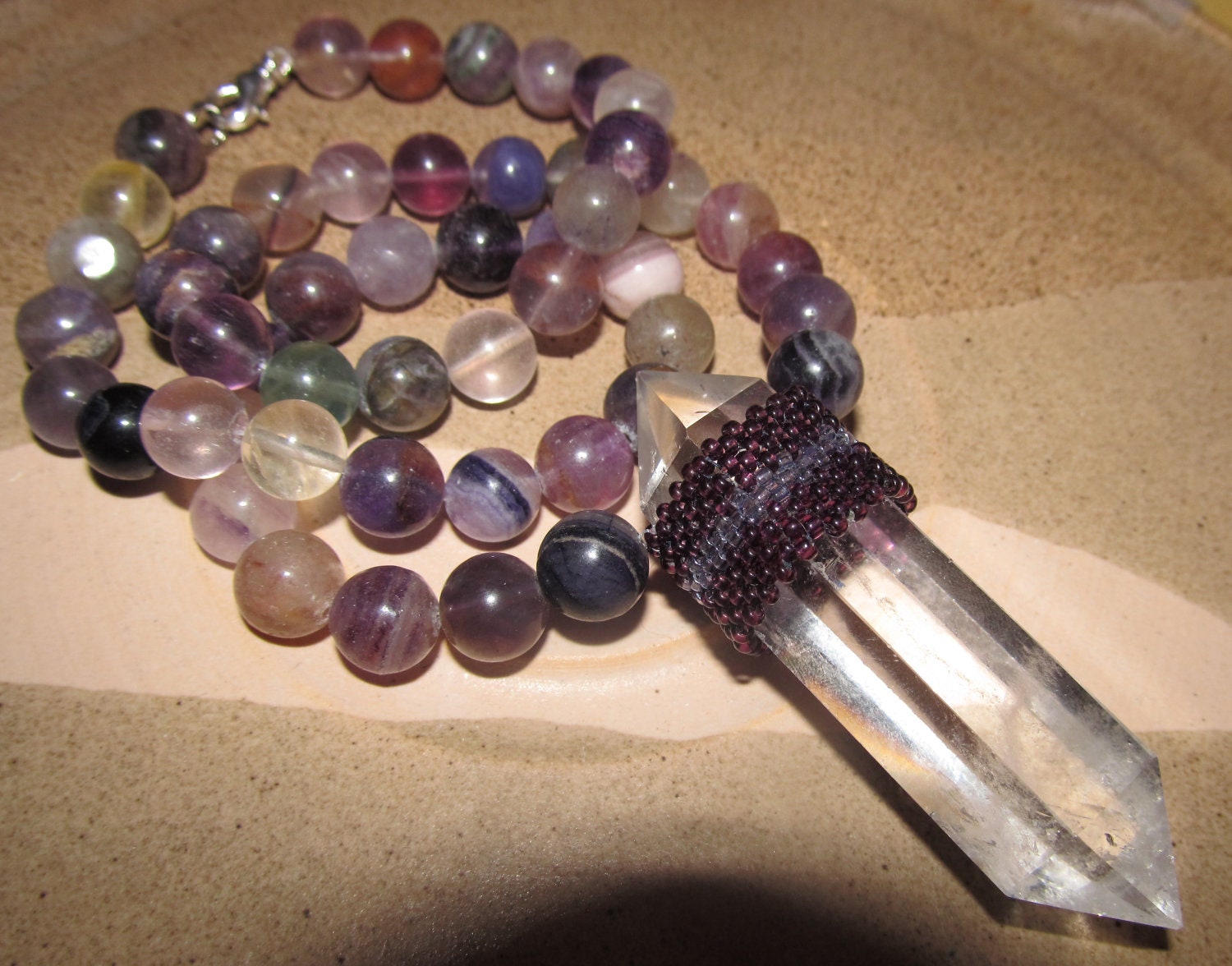 Beautiful Peyote Stitched Double Terminated Quartz Crystal Necklace