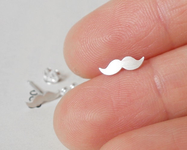 mustache earring studs in sterling silver, handmade in the UK