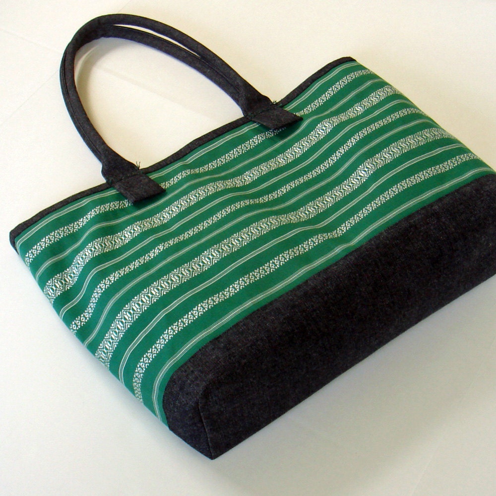 Japanese Vintage Hakata Obi Remake: Large Tote Bag / Green