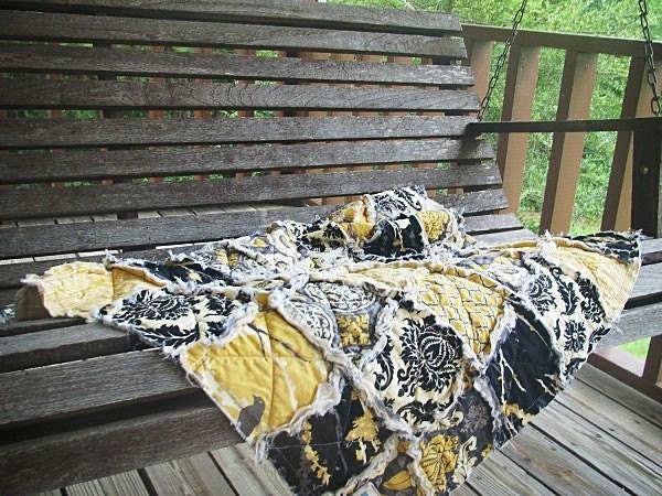 Baby Rag Quilt, Aviary 2 in granite, grey black yellow,  ALL NATURAL, fresh modern handmade children