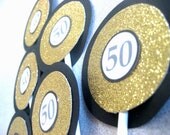 12 Cupcake Toppers - Black and White with Gold Glitter - Paper
