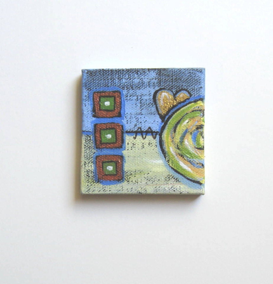 Miniature Abstract Heart Painting, original acrylic, lime green, bronze, easel, shabby chic, modern home decor - BrookeHowie