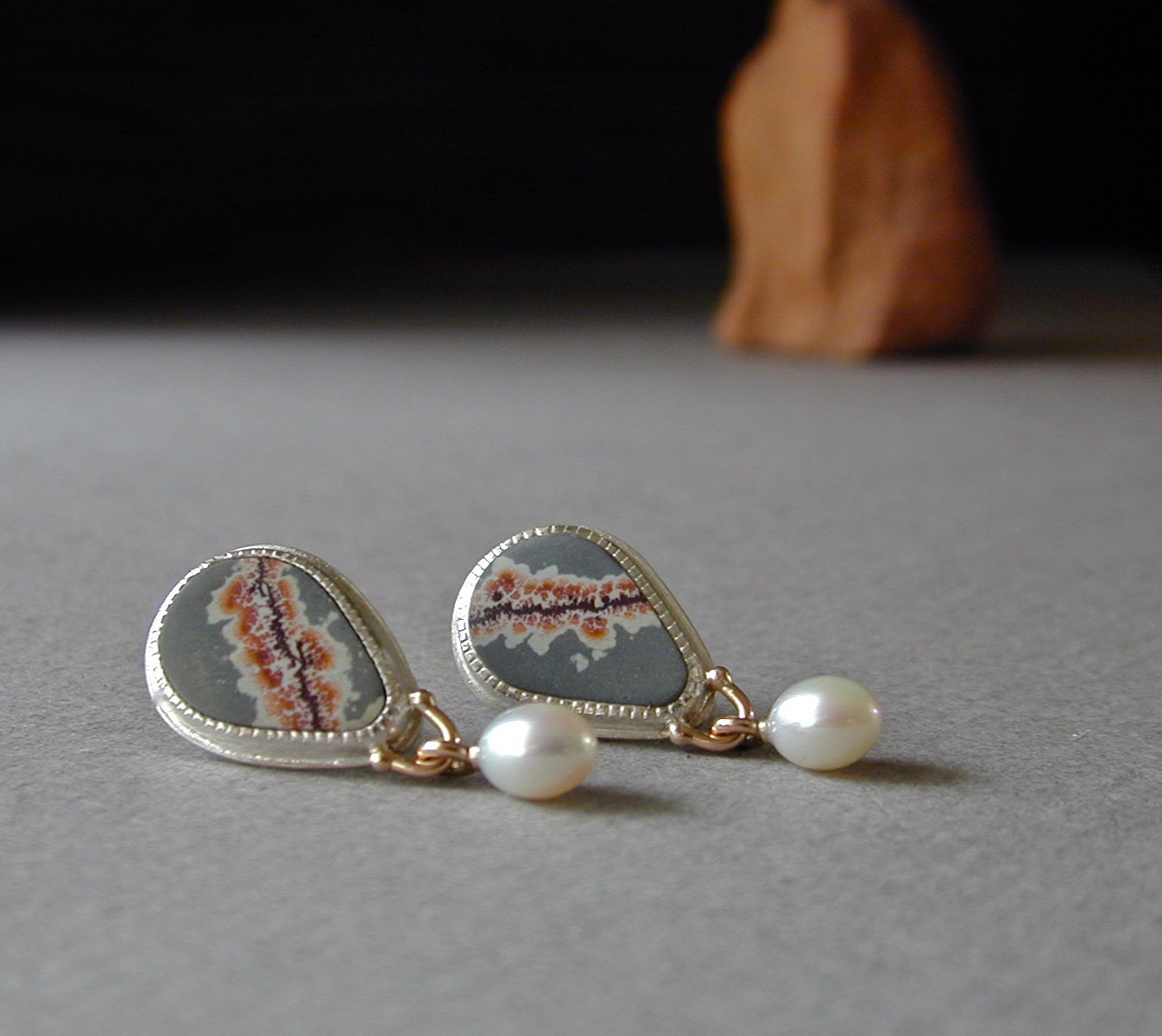 Fall Jewelry, Sterling Silver Earrings, Sonoran Dendritic Ryolite, Pearl Drops, 14kt Gold Posts, Handmade Earrings