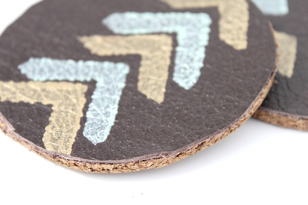 Leather and Cork Hand Stamped Coasters. Tribal Arrow Pattern in Mint and Gold.  Mug Coaster. Home Decor. Geometric.