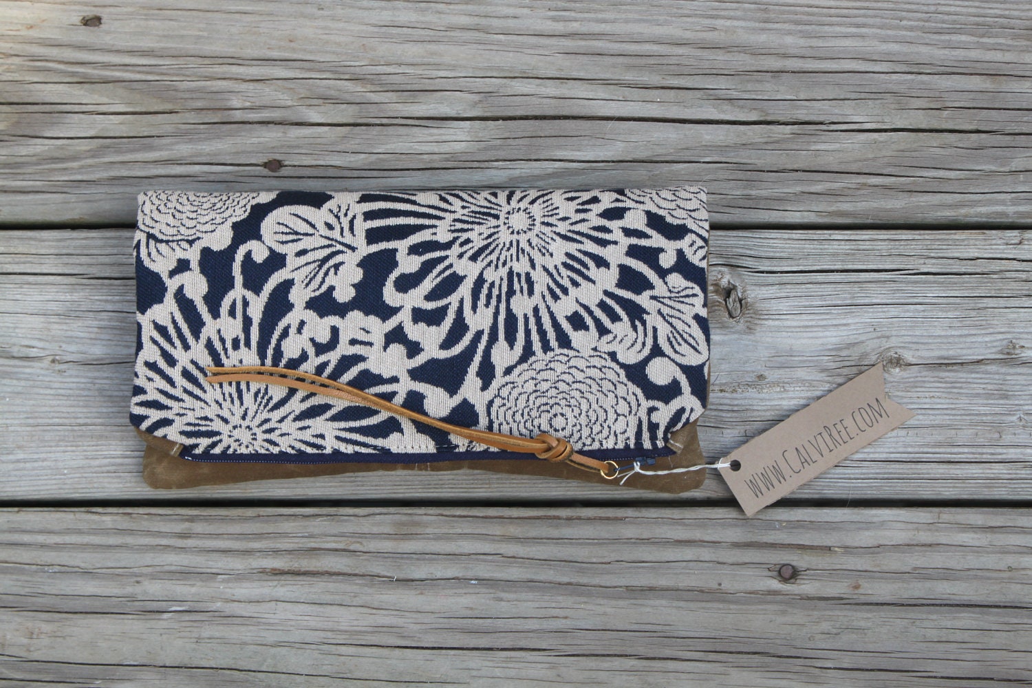 chrysanthemum waxed canvas foldover clutch utility bag zippered purse