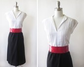 SALE black and white dress / vintage 1980s colorbock day dress / elastic waist dress