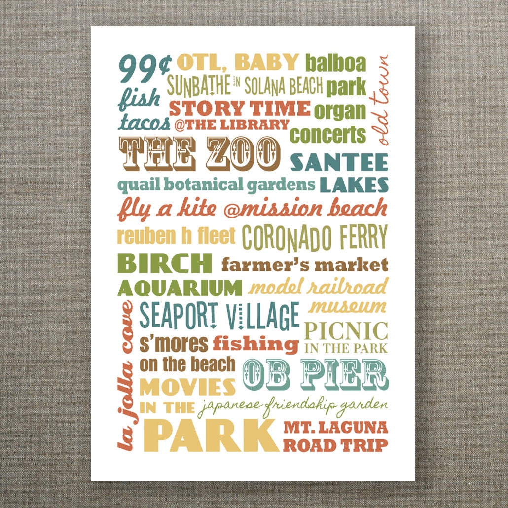 5X7 Recycled Typography Art Print - Summer in San Diego - Indian Summer - TwoPoodlePress