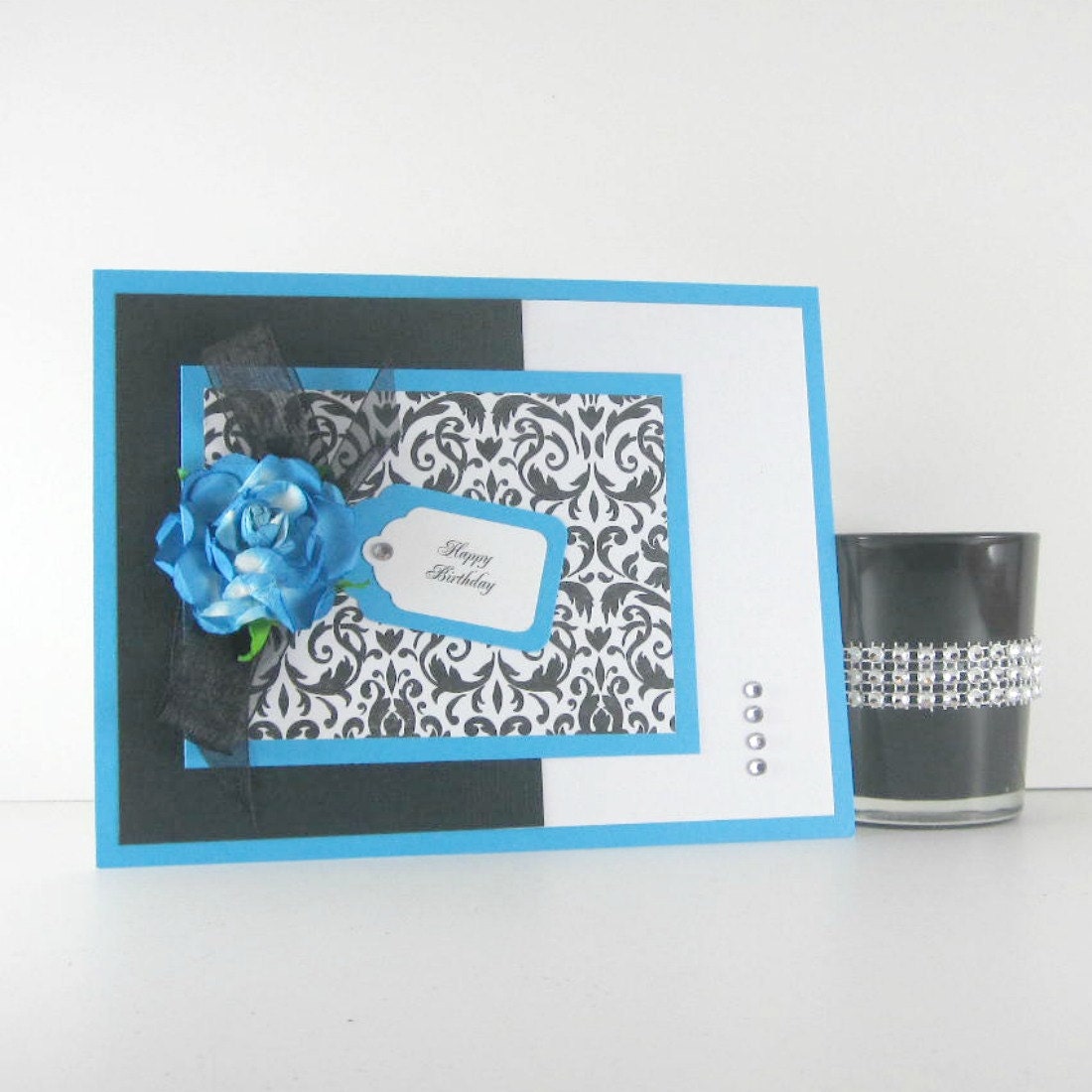 Elegant Birthday card, personalized feminine damask, black aqua turquoise, for female, woman, women