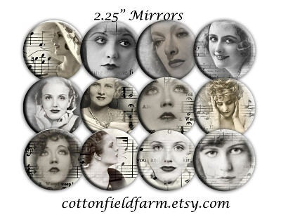Vintage Hollywood Romantic Ladies 2.25 Inch Mirrors Set of 12  for Party favors, Weddings, Showers, 1940s  Parties